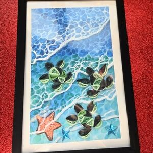 Maui Sea Turtle Quilling Watercolor Framed Art 6x9"